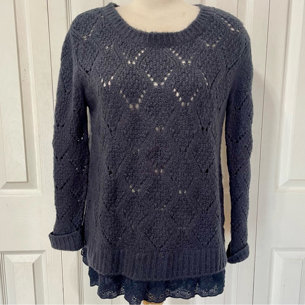 Lili Rose Navy Blue Knit Sweater Cardigan with Lace Peplum